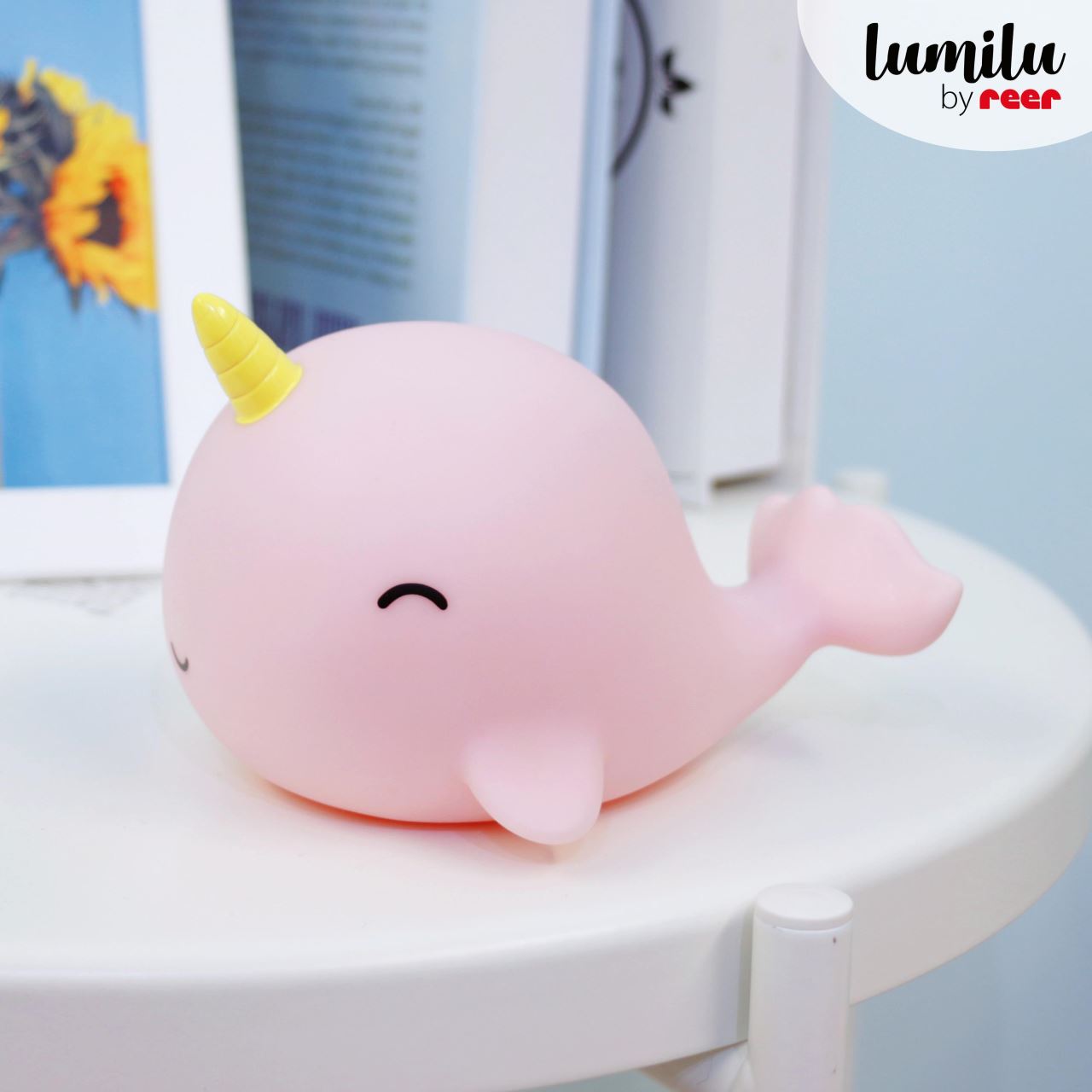 Lampa de veghe cu LED, cu oprire cronometrata, forma delfin unicorn, roz, Lumilu Sea Life Narwhal 52284, [5],bestfam.ro
