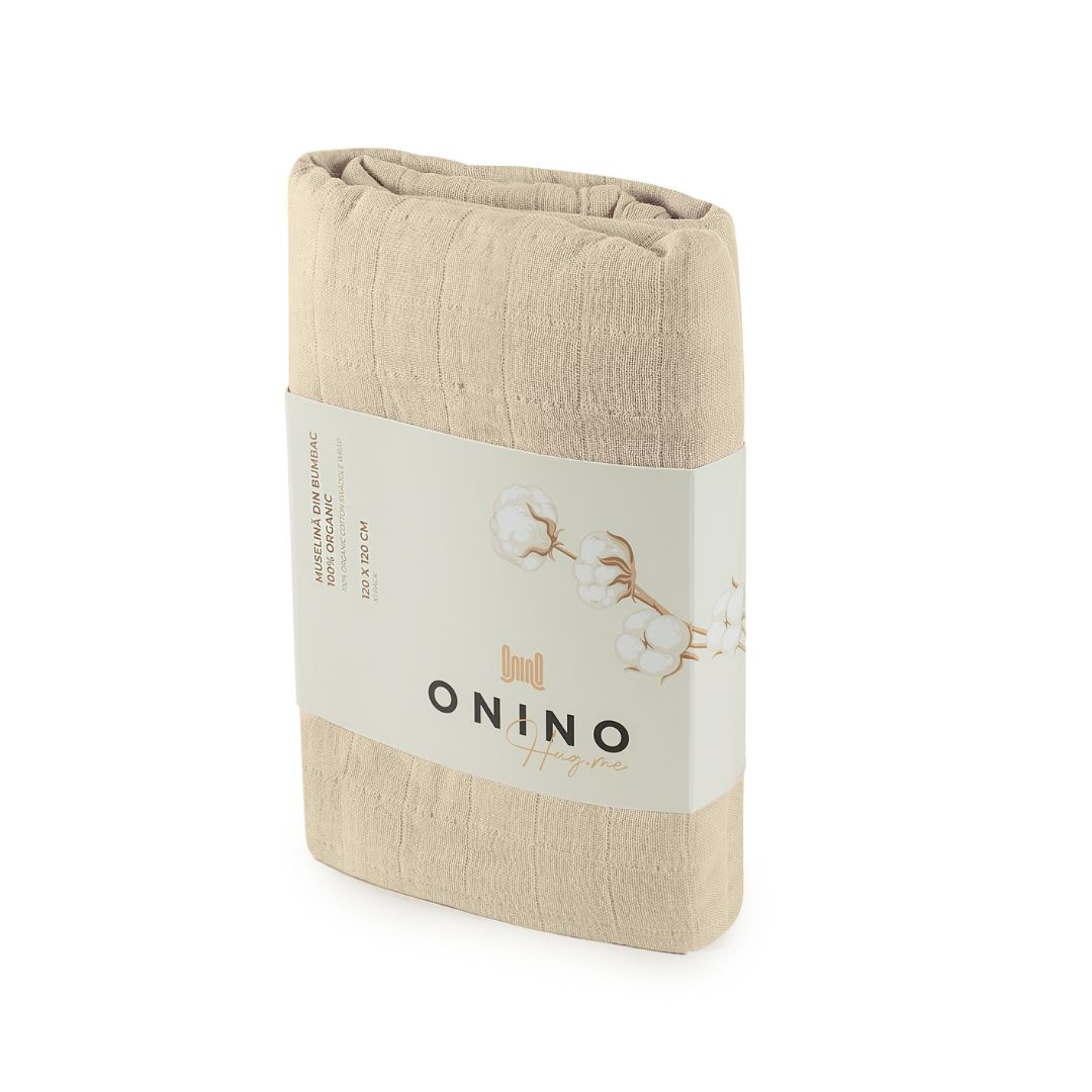 ONINO - Muselina multifunctionala din bumbac 100% organic, HUG.me, Creamy Vanilla, x1 bucata, 120 x 120 cm, certificata GOTS, [5],bestfam.ro