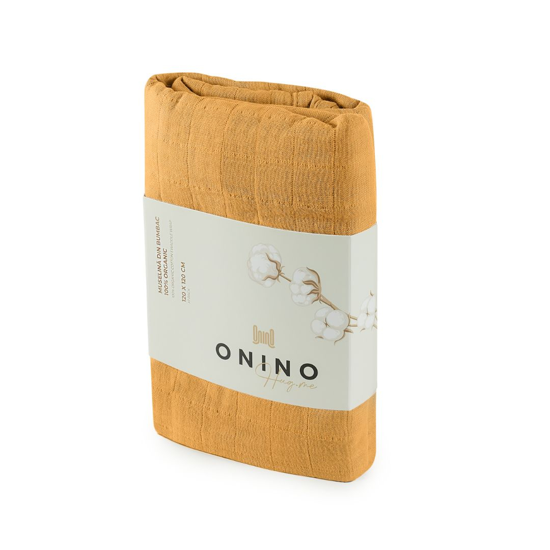 ONINO - Muselina multifunctionala din bumbac 100% organic, HUG.me, Honey Gold, x1 bucata, 120 x 120 cm, certificata GOTS, [6],bestfam.ro