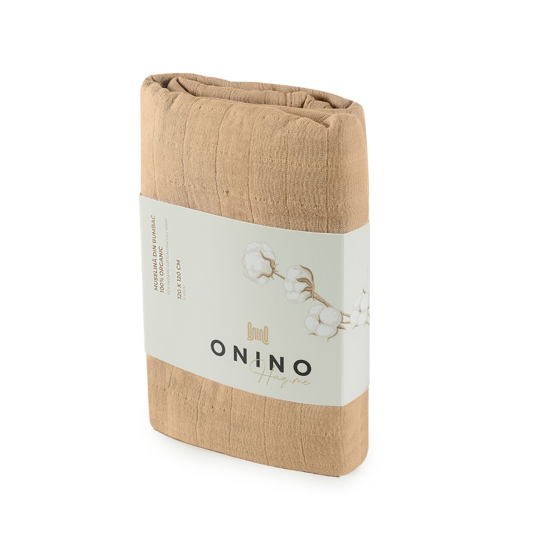 ONINO - Muselina multifunctionala din bumbac 100% organic, HUG.me, Oatmeal Beige, x1 bucata, 120 x 120 cm, certificata GOTS, [5],bestfam.ro