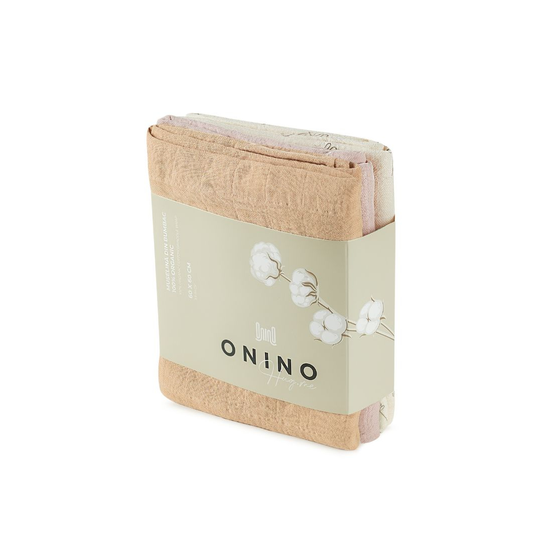 ONINO - Muselina multifunctionala din bumbac 100% organic, HUG.me, Pure Bloom, x3 bucati, 60 x 60 cm, certificata GOTS, [5],bestfam.ro