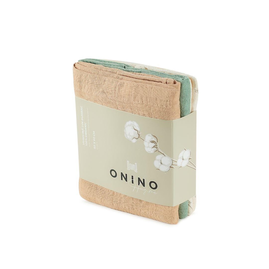ONINO - Muselina multifunctionala din bumbac 100% organic, HUG.me, Pure Nature, x3 bucati, 60 x 60 cm, certificata GOTS, [9],bestfam.ro