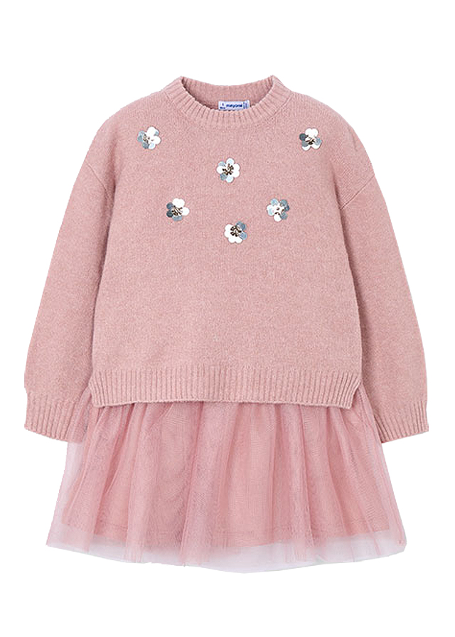 Rochie tricot cu tul si pulover - roz - Mayoral 8 ani