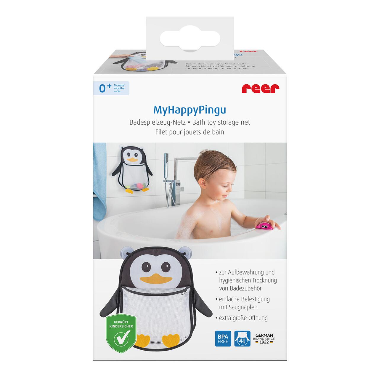 Saculet din plasa pentru jucarii de baie, prindere cu ventuze, forma de pinguin, fara BPA, 0+ luni, Reer MyHappyPingu 76062, [2],bestfam.ro