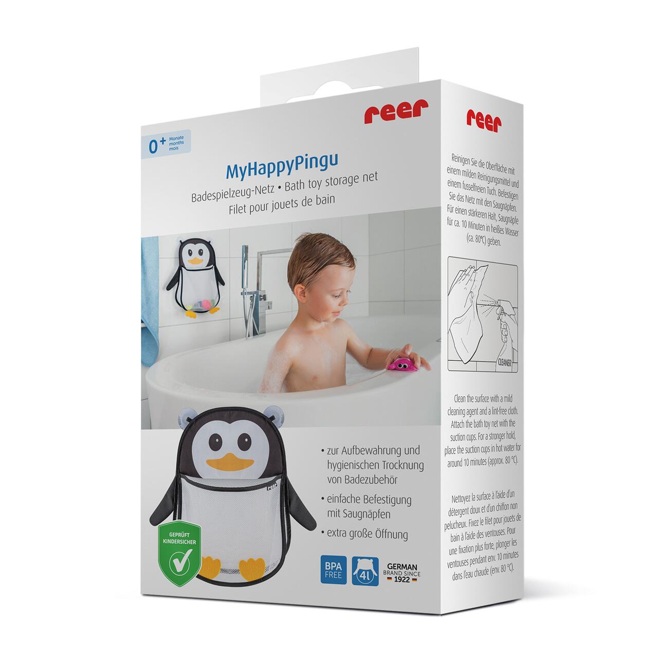 Saculet din plasa pentru jucarii de baie, prindere cu ventuze, forma de pinguin, fara BPA, 0+ luni, Reer MyHappyPingu 76062, [3],bestfam.ro