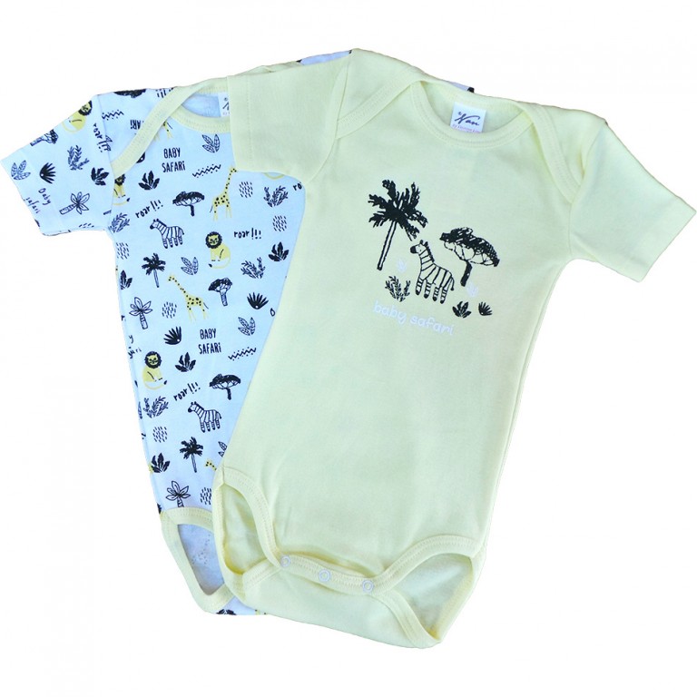 Set 2 body uri cu maneca scurta alb/galben pai  Zebra Girafa 3 ani