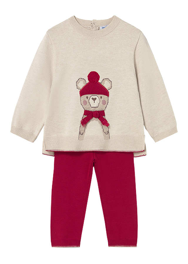 Set 2 piese - Pulover + pantaloni tricotati - bej/rosu - Mayoral  