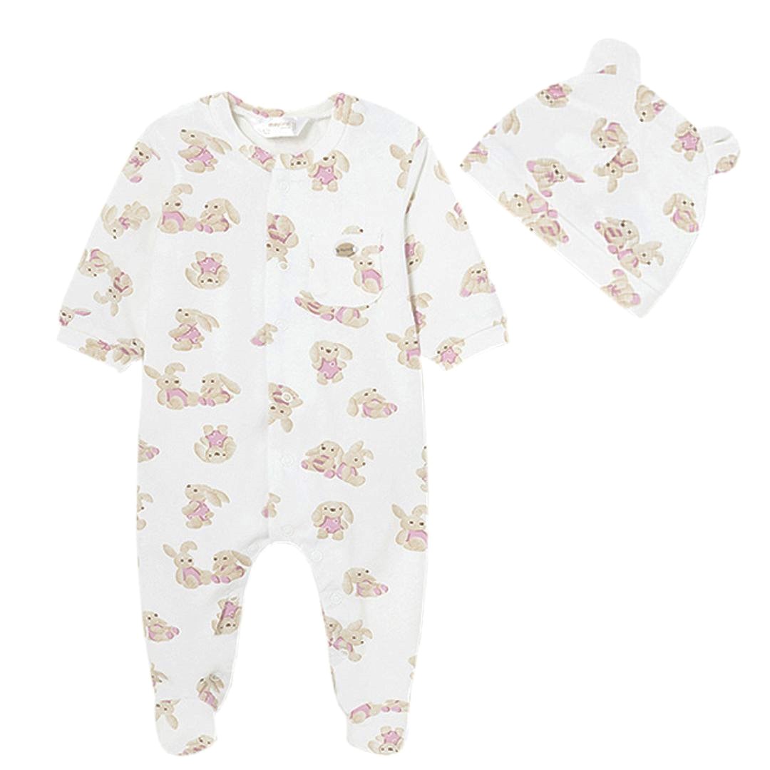 Set 2 piese Salopeta si caciulita  iepurasi roz- Better Cotton- Mayoral  2-4 luni (65 cm)