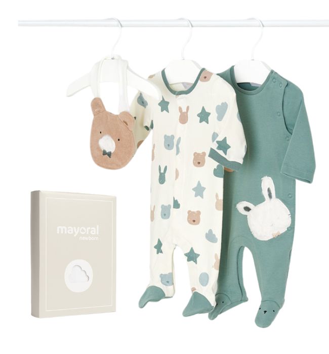 Set 2 salopete (pijamale) ECOFRIENDS - ursulet / iepuras + bavetica - Mayoral 4-6 luni