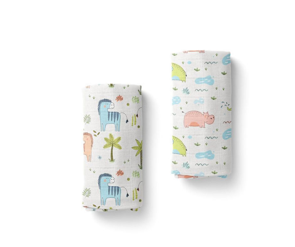 Set paturici/scutece muselina organica Elephants, Hippo, Zebras, [2],bestfam.ro