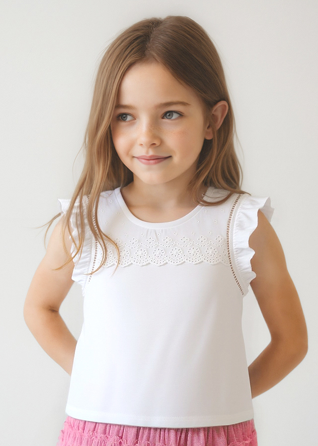 Tricou fara maneci cu perforatii si volane - alb - Mayoral 8 ani