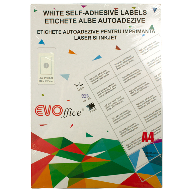 Etichete albe aa (autocolante) 210x297 mm pt imprimante A4 100 coli/top - colturi drepte 1/A4