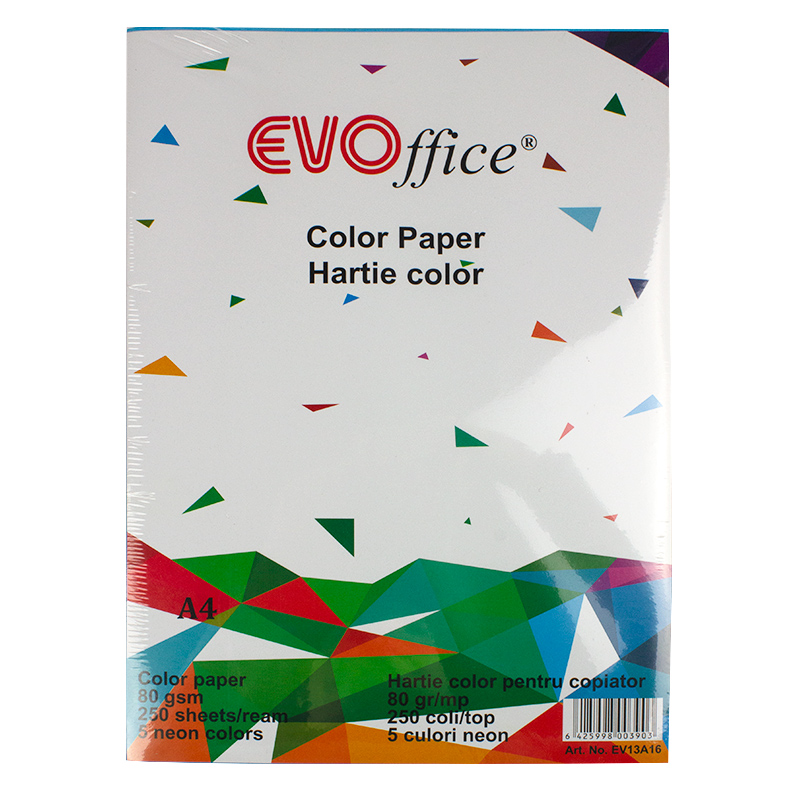Hartie culori neon A4, 80 g/mp, 250 coli/top Evoffice - 5 culori asortate