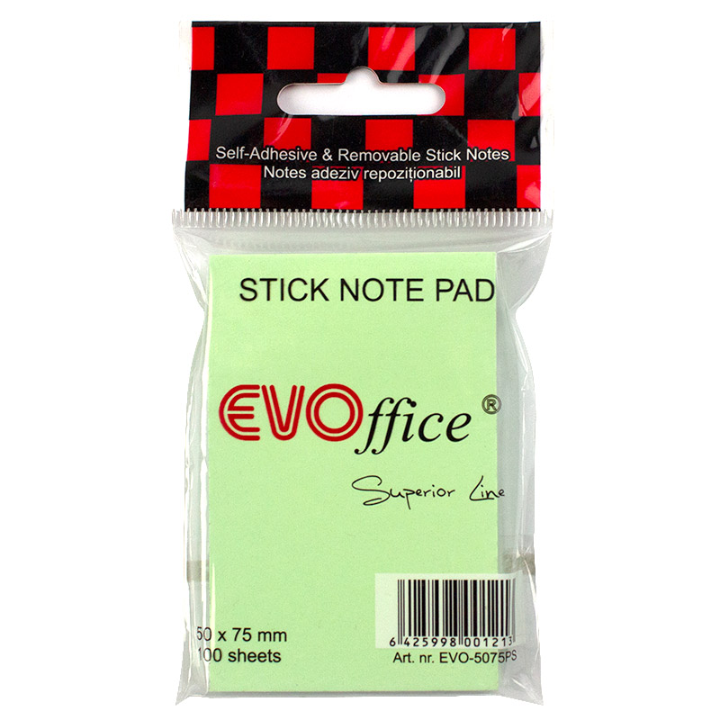 Notes autoadeziv 50*75 mm, verde pastel, 100 file EVOffice Superior Line