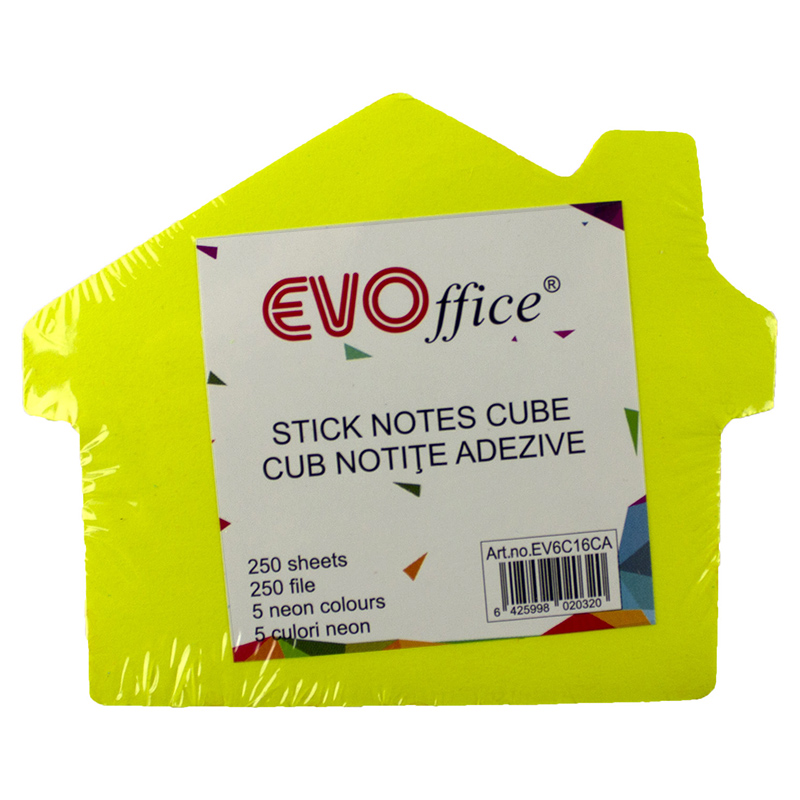 Notes autoadeziv cub color 250 file, 5 culori neon  EVOffice - casa