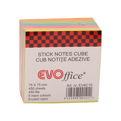 Notes autoadeziv cub color 75x75 mm, 450 file, 5 culori neon EVOffice