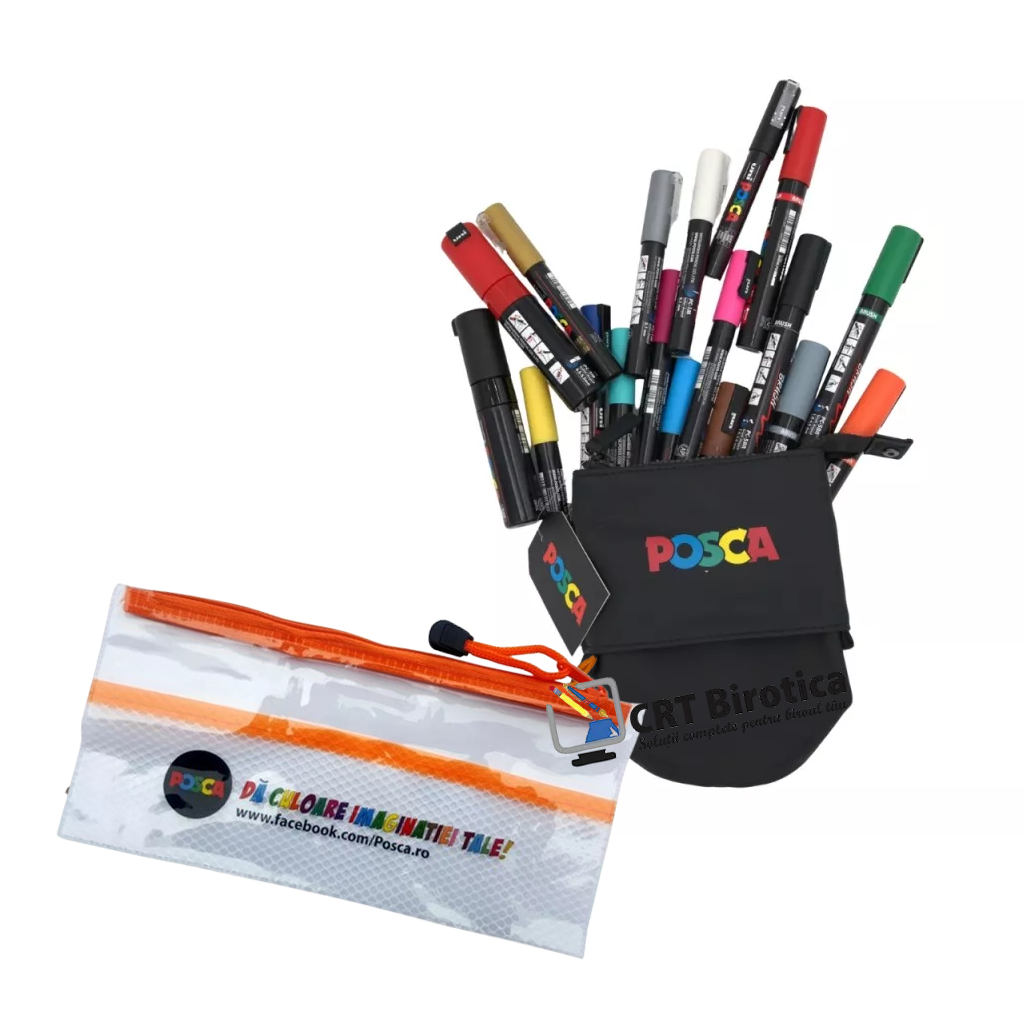 Posca Posca Promo penar cilindric echipat uni 18 markere posca negru + cadou mapa zip echipata cu 4 markere pc-5br
