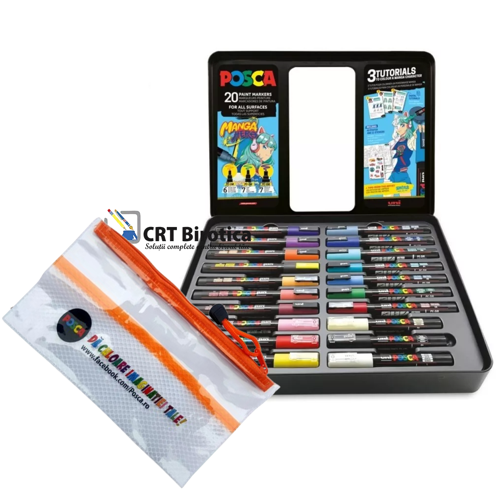 Posca Posca Promo set 20 markere uni posca manga, cutie metalica+cadou m