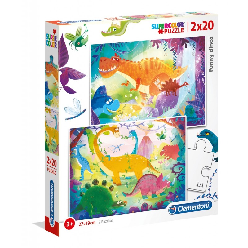 Clementoni Clementoni Puzzle carton 2in1 20 piese clementoni supercolor - funny dinos, set 2x, 24755 / 434773, 3+ ani