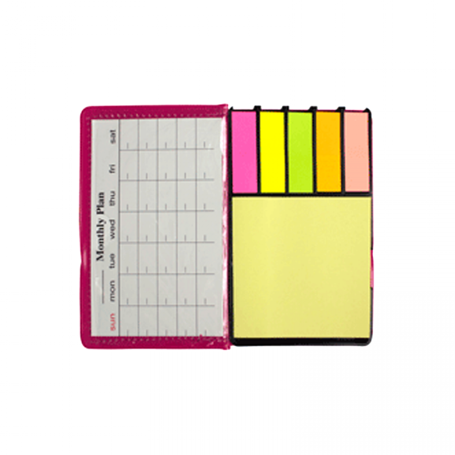 Set notes adeziv 75*75 mm galben pastel, stick index hartie 13*45 mm, 5 culori neon*100 file si mini planner de birou