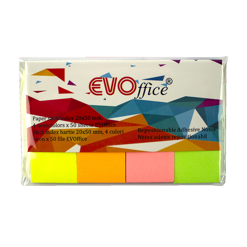 Stick index hartie 20*50 mm, 4 culori neon*50 file / suport carton EVOffice