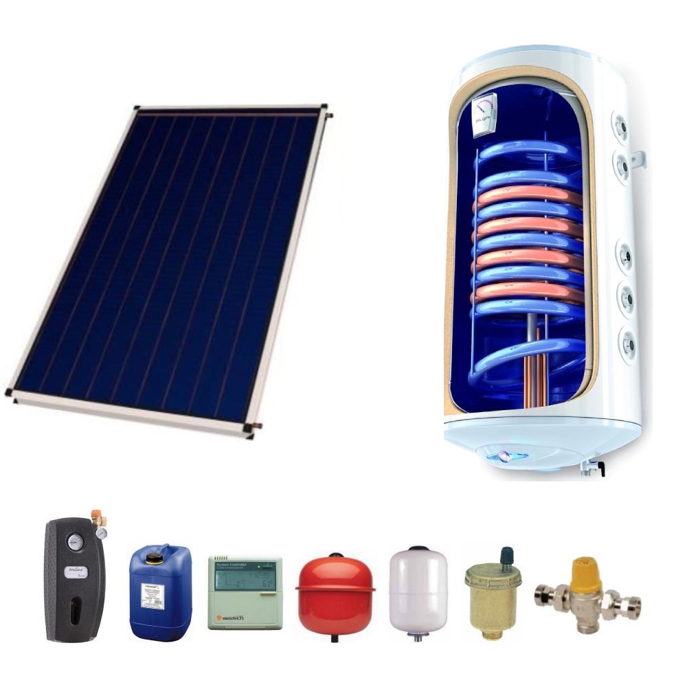 Panouri solare cu boiler in casa - Pachet panou solar plan Sunsystem 2 mp cu boiler bivalent de 120 litri, climasoft.ro