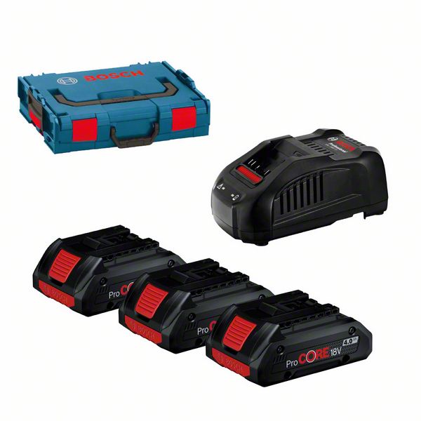 Bosch 3xProCORE 18V + GAL1880CV Set 3 acumulatori Li-Ion, 18V, 4Ah ProCORE + Incarcator rapid de 8Ah + L-BOXX 102