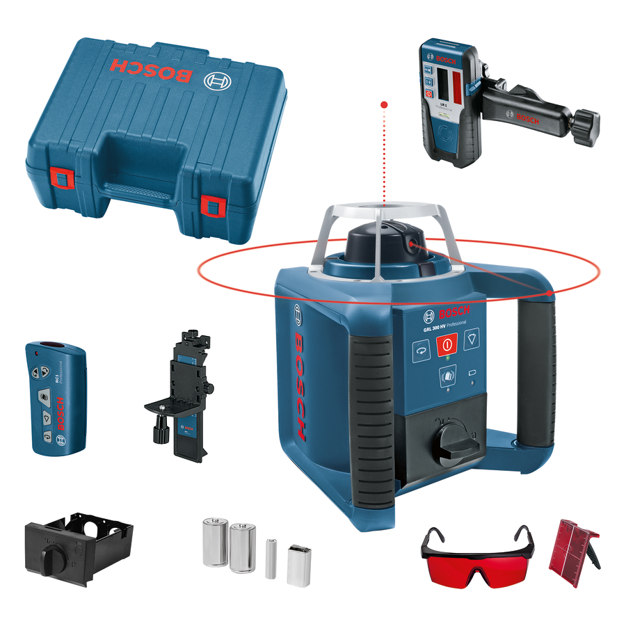 Bosch GRL 300 HV+LR1+RC1+WM4 Set nivela laser rotativa, 60m, receptor 300m, precizie 0.1 mm/m