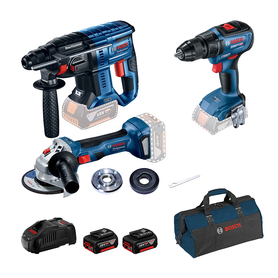 Bosch GBH 180-LI Ciocan rotopercutor brushless + GSR 18V-50 Masina de gaurit + GWS 180-LI Polizor unghiular brushless + 2 acumulatori Li-Ion 18V, 5Ah + incarcator + geanta textil