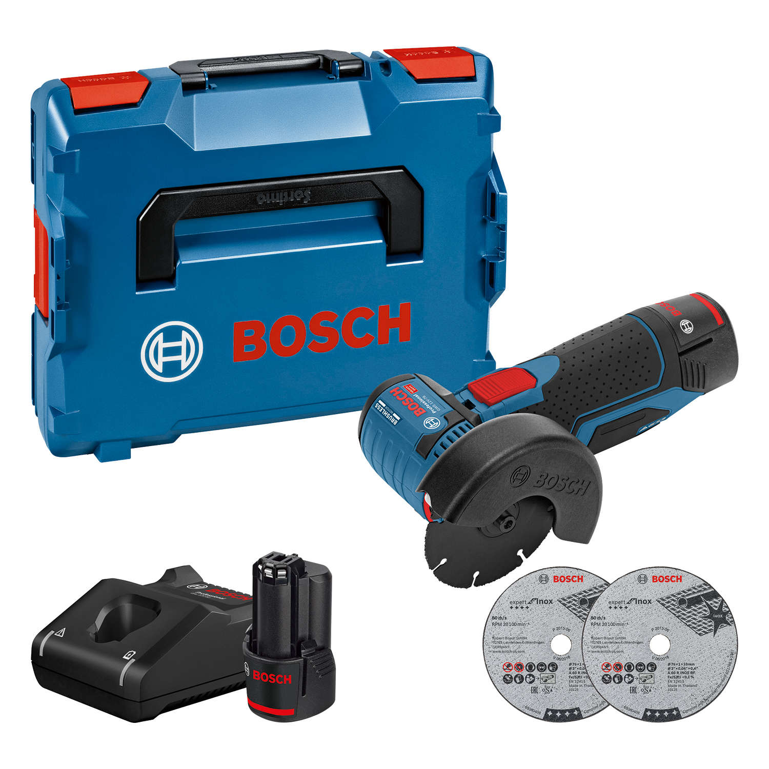 Bosch GWS 12V-76 Polizor unghiular brushless + 2xAcumulatori GBA Li-Ion, 3Ah + Incarcator GAL 12V-40 + L-Boxx + 3 x Discuri