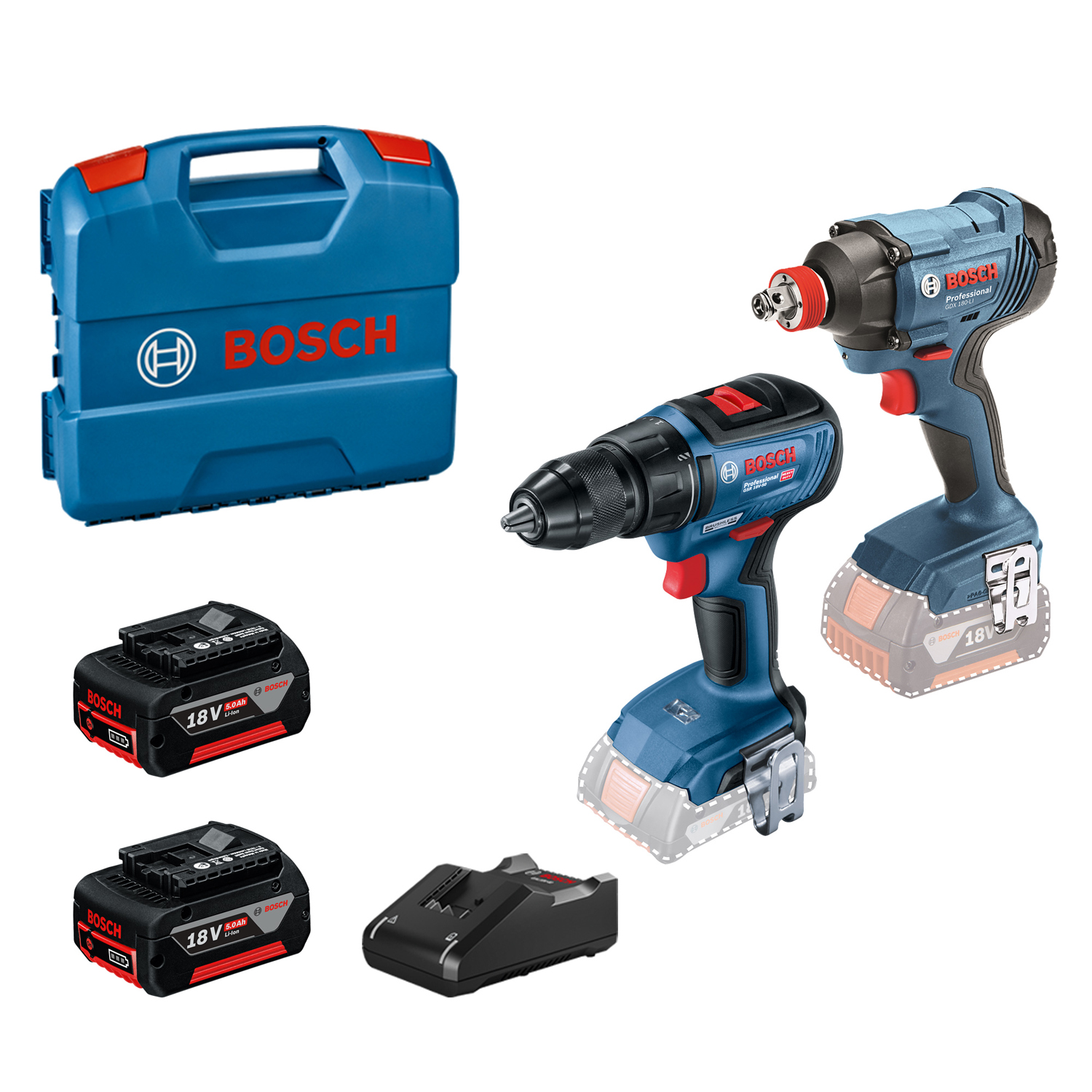 Bosch Set GSR 18V-50 Masina de gaurit + GDX 180-LI Masina de infiletat + 2 x acumulator GBA 18V, 5.0 Ah + incarcator rapid GAL 18V-40