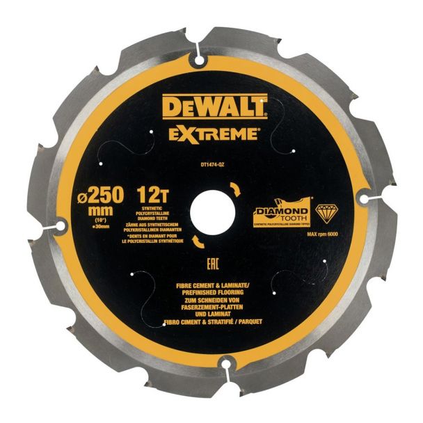 Disc Dewalt DT1474 pentru fierastrau circular, D 250x30x2.2 mm, 12 dinti, taiere fibrociment, seria Extreme