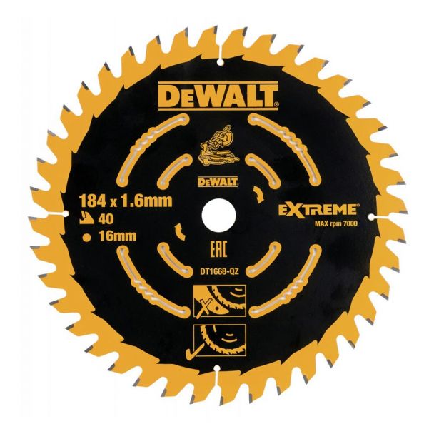 Disc Dewalt DT1668 pentru fierastrau circular, D 184x16x1.6 mm, 40 dinti, pentru taiere fina, seria Extreme
