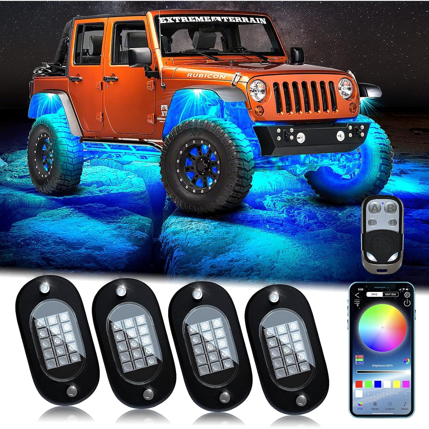 Kit 4 Lumini Ambientale RGB, model "ROCK LIGHT" cu telecomanda si aplicatie telefon, destinate Off-Road, ATV, SSV