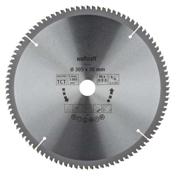 Panza pentru fierastrau circular de masa Wolfcraft 6544000, diametru 305 mm, diametru interior disc 30 mm, latime taiere 3.2 mm, 96 dinti, seria mov