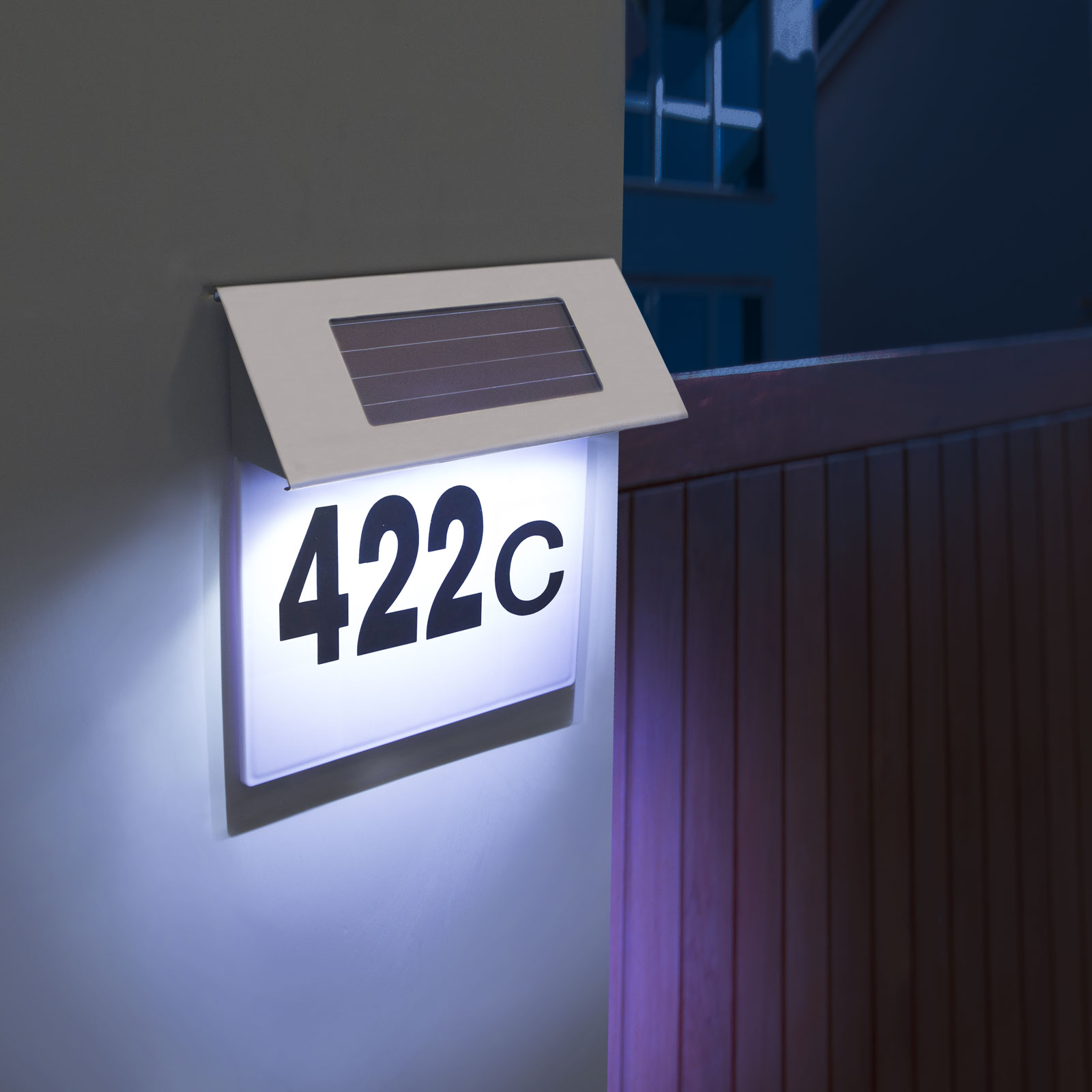 Placa numar casa iluminata LED, incarcare solara, carcasa din INOX