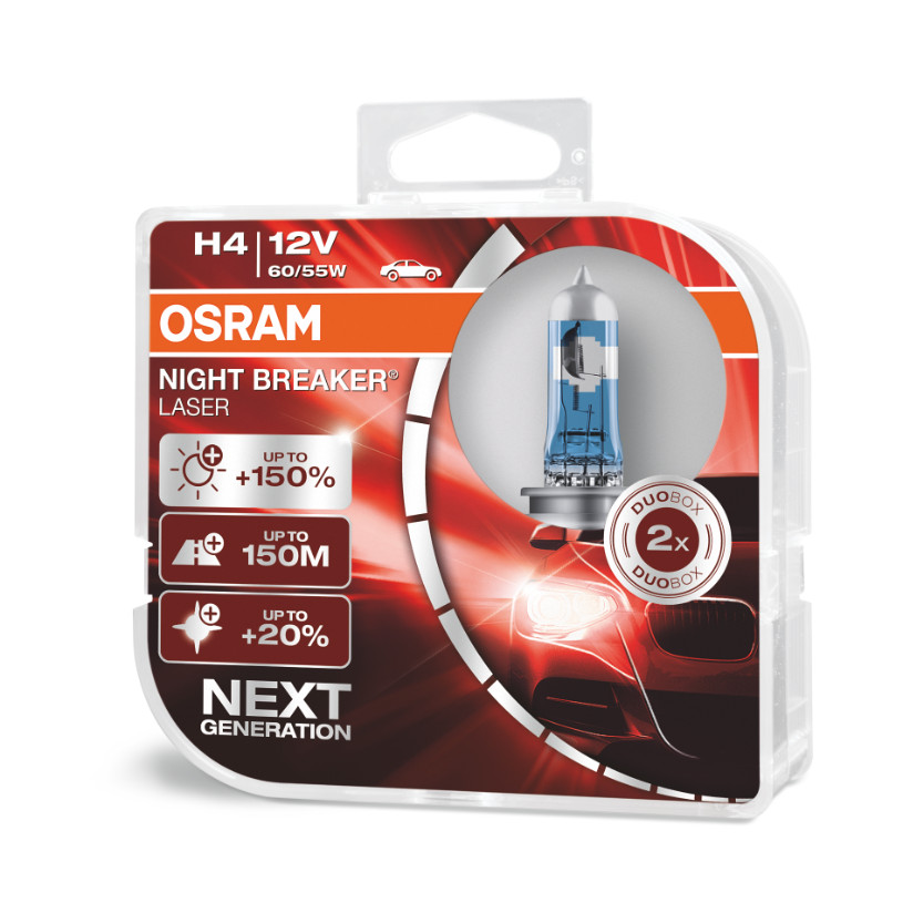 Set 2 becuri auto cu halogen Osram H4 12V 60/55W P43t Night Breaker Laser +150%