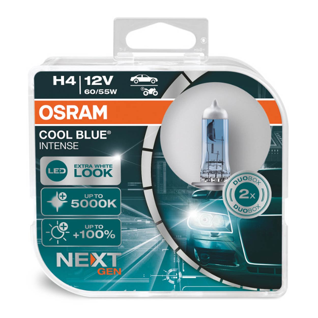 Set 2 becuri cu halogen Osram H4, 12V, 60 / 55W, P43t, Cool Blue NEXT GEN, 5000K