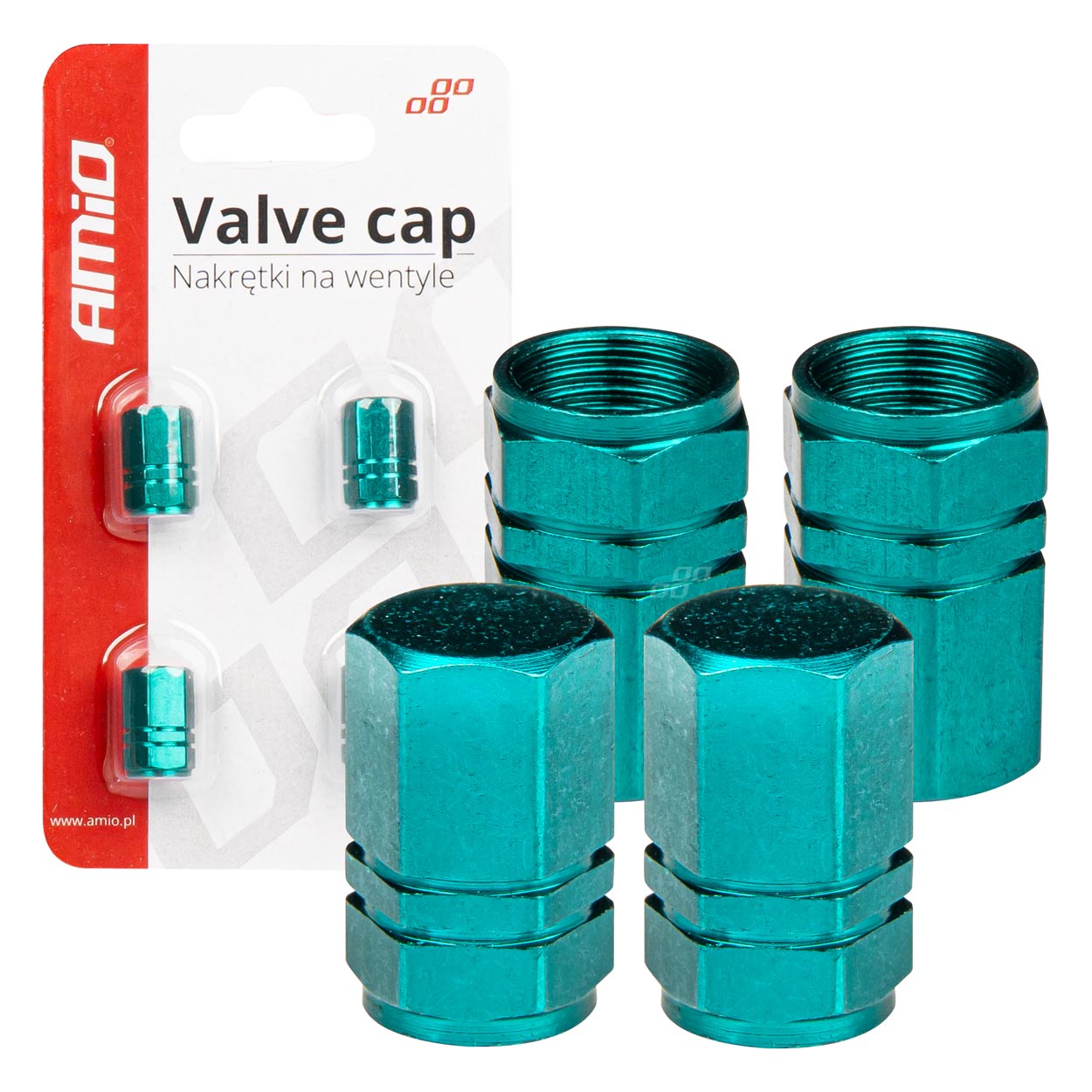 Set 4 capacele auto pentru ventil, din aluminiu, model Hexagon, culoare Verde