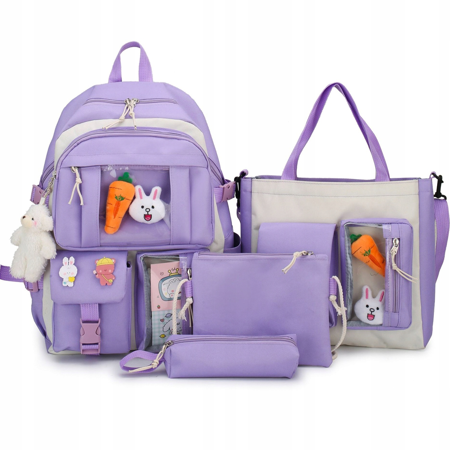 Set 4-in-1 pentru Scolari sau Prescolari - (rucsac, geanta de umar, plic elegant, penar), culoare VIOLET cu IEPURAS, Cod AVX-WT-BUNN-VIOLET