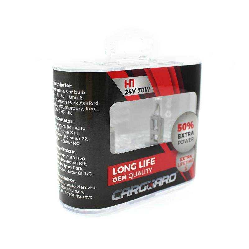 Set de 2 becuri Halogen 24V -  H1, 70W, +50% Intensitate - LONG LIFE - CARGUARD