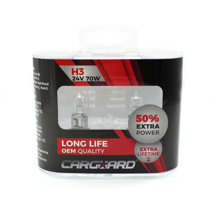 Set de 2 becuri Halogen 24V -  H3, 70W, +50% Intensitate - LONG LIFE - CARGUARD