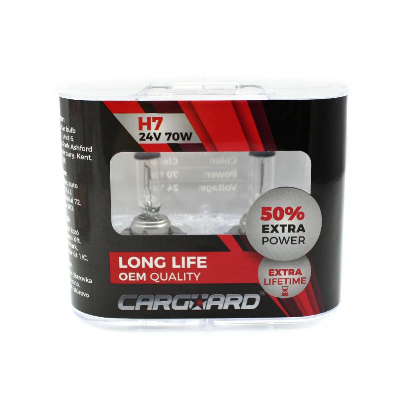 Set de 2 becuri Halogen 24V -  H7, 70W, +50% Intensitate - LONG LIFE - CARGUARD