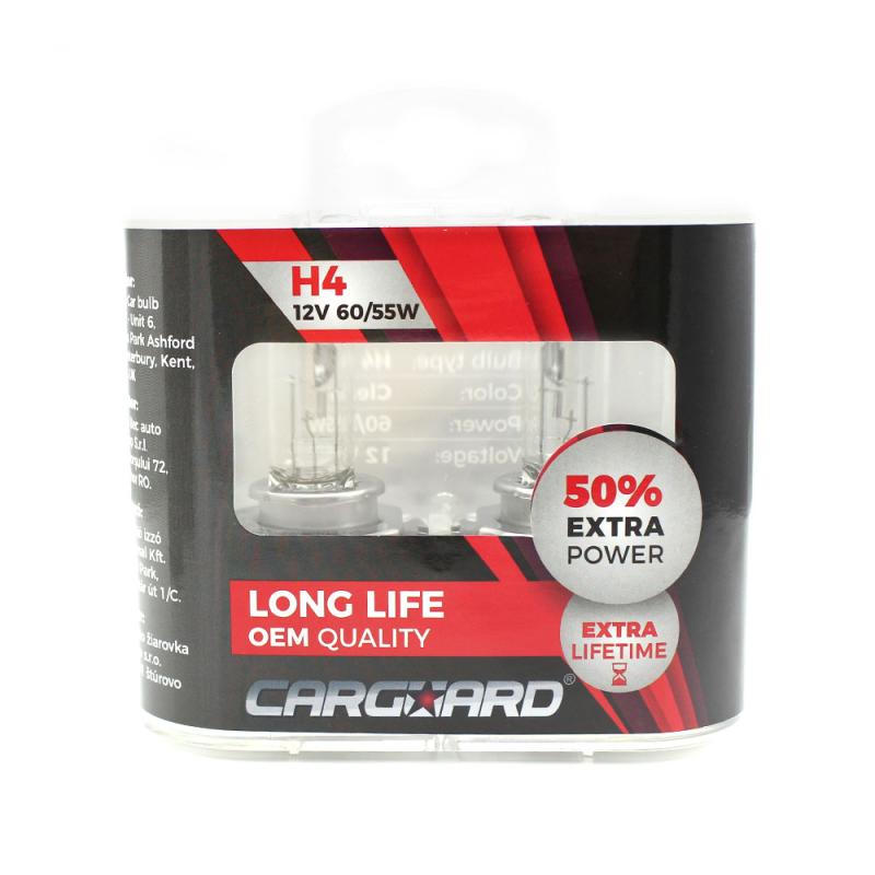 Set de 2 becuri Halogen H4, 55W, +50% Intensitate - LONG LIFE - CARGUARD