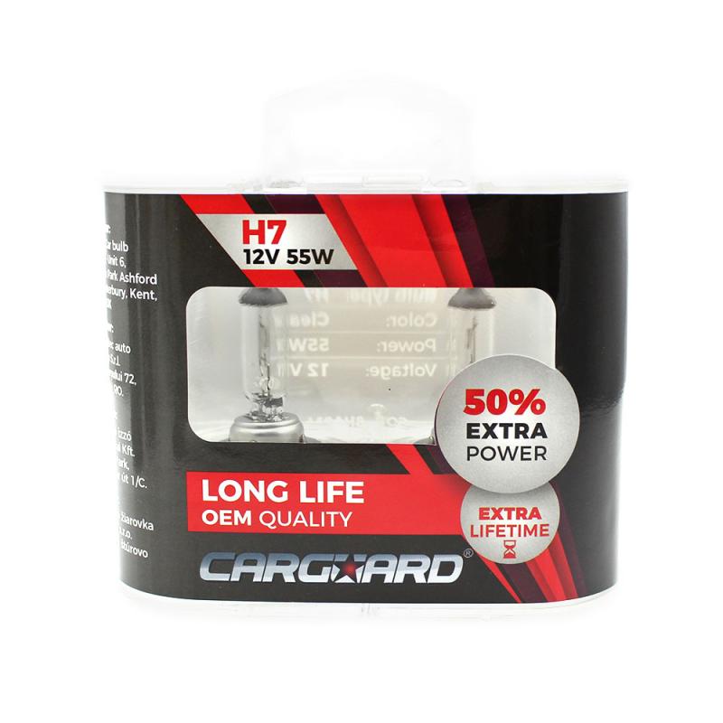 Set de 2 becuri Halogen H7, 55W, +50% Intensitate - LONG LIFE - CARGUARD