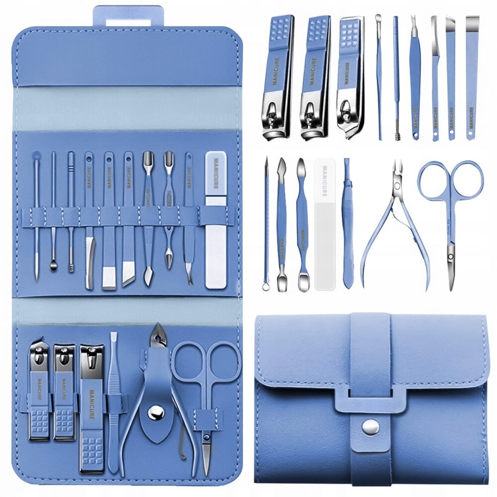 Set Manichiura si Pedichiura 16-in-1 cu plic din piele ecologica, model "MANI-CUT BLUE", culoare Albastra