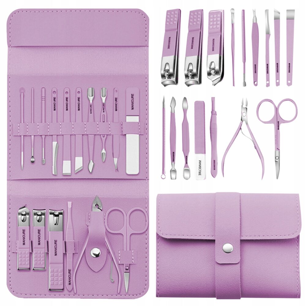 Set Manichiura si Pedichiura 16-in-1 cu plic din piele ecologica, model "MANI-CUT PINK", culoare Roz