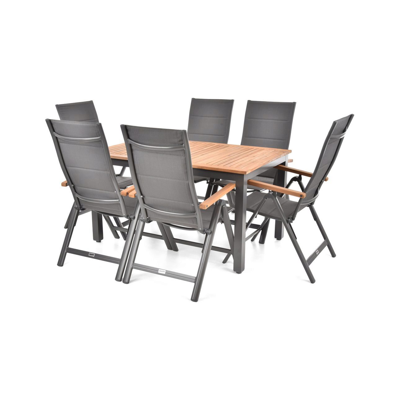 Set mobilier pentru gradina HECHT Montana, aluminiu/lemn, masa 140/180 x 90 x 77.5 cm, 6 x scaune 69 x 59 x 111.5 cm