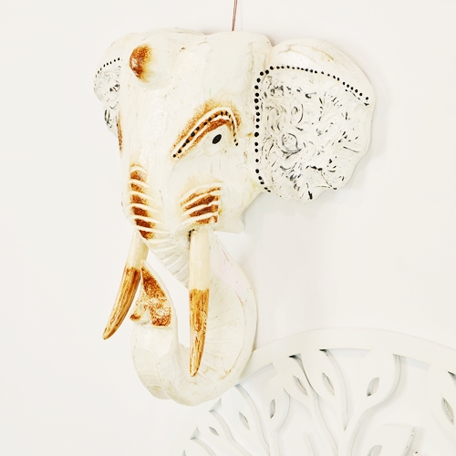 Decoratiune de perete din lemn cap de elefant alb 