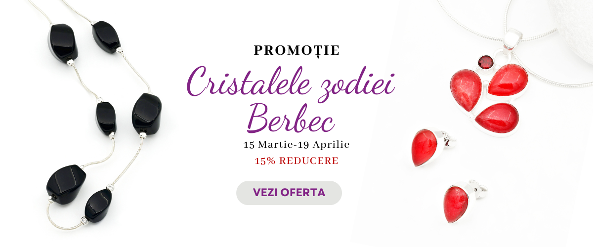 Banner promotie cristale norocoase Berbec:colier cu onix, set din alrgint si carneol. 15% reducere. Fond alb